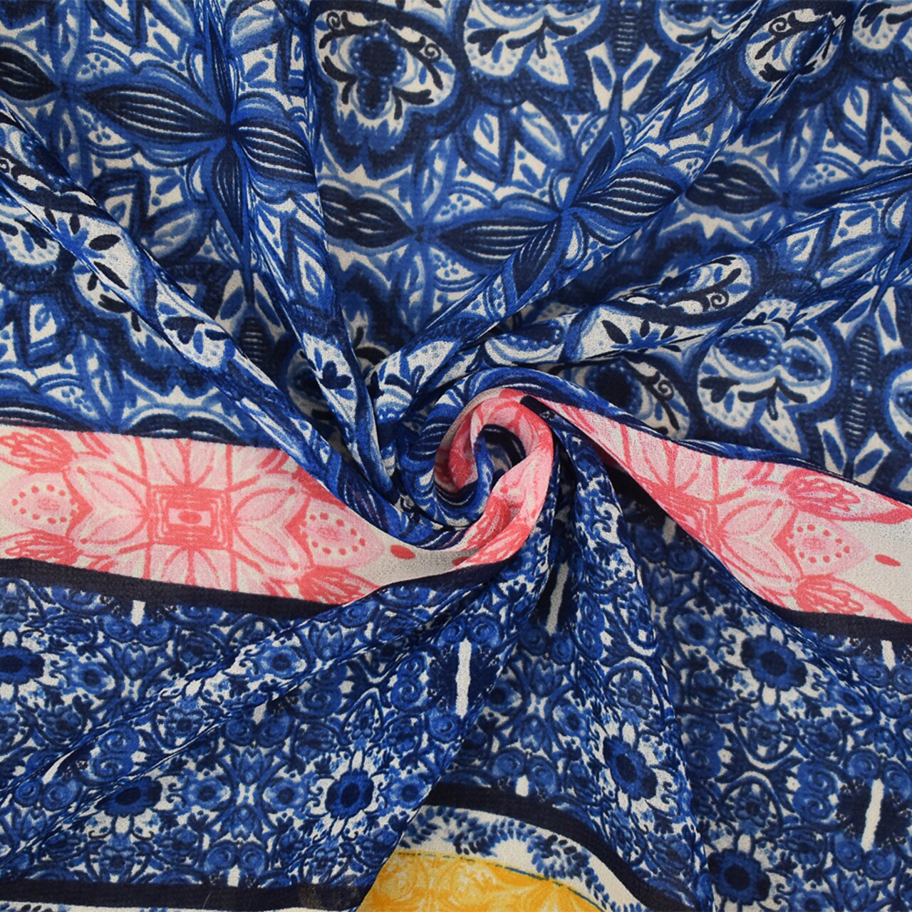 Blue-Yellow-Multi Moroccan Stripe Printed Poly Chiffon Woven Fabric By the Yard